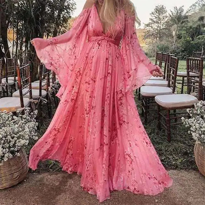 Schicke rosa Chiffonkleid mit auslaufenden Ärmeln - Isabelle