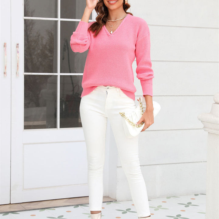 Damen Strickpullover mit V-Ausschnitt in lockerer Passform – Wanfrieda