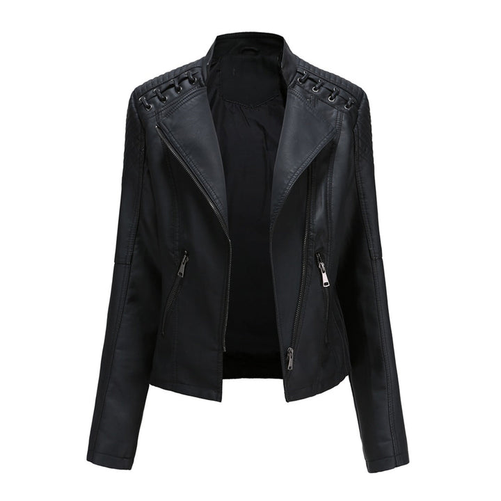 Schwarze Damen-Lederjacke mit Reißverschlüssen, Biker-Stil, modisch, elegant, hochwertig.