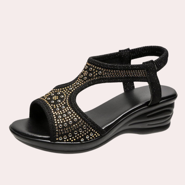 Schwarze Damen-Sandale mit Strasssteinen, bequeme Keilsohle, modisch, elegant, Sommermode.