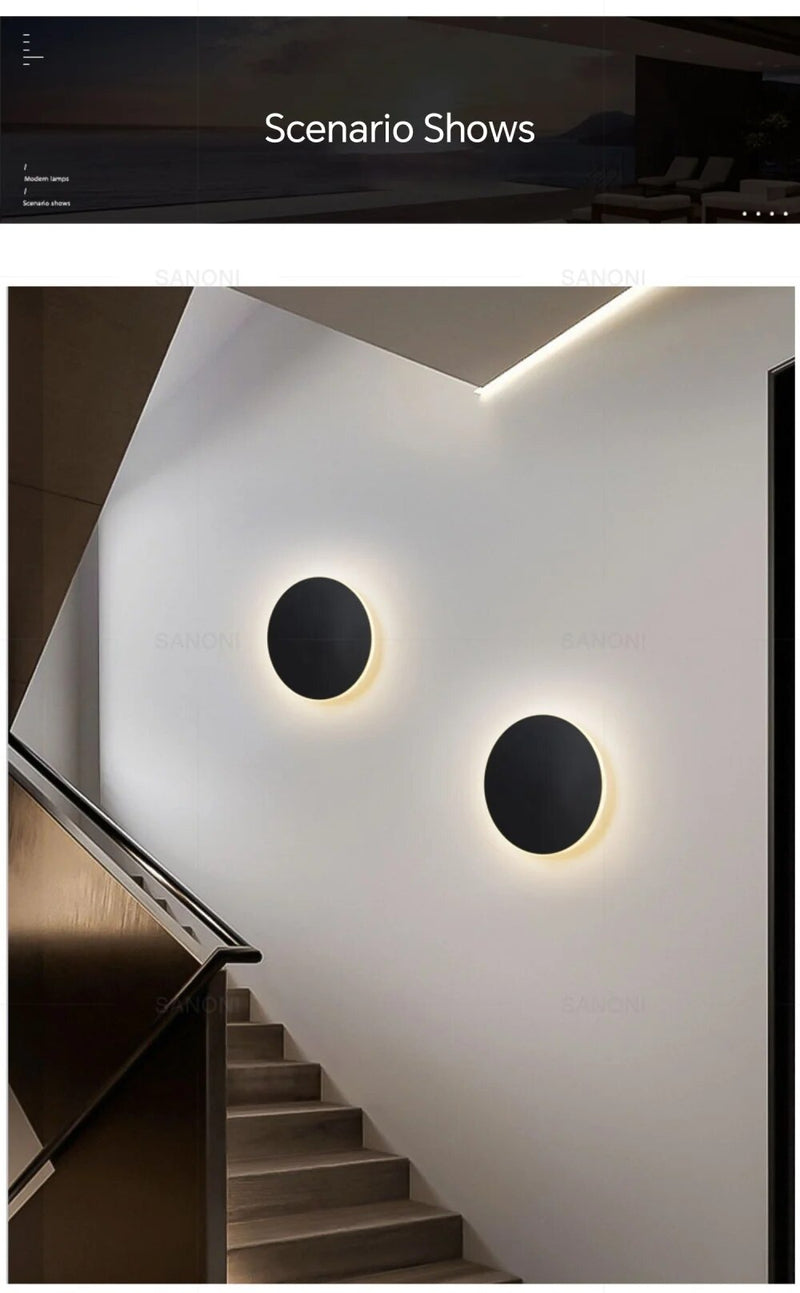 Minimalistische schwarze Wandleuchte, energiesparend, modernes Design, runde Form, LED-Beleuchtung.
