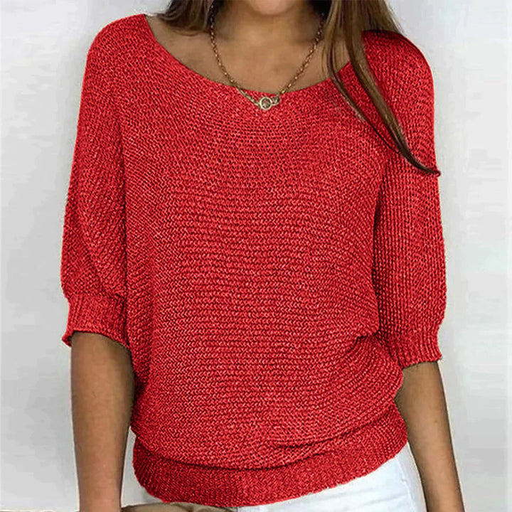 Roter Damenpullover, Strick, lässig, Rundhalsausschnitt, modisch, bequem, Herbstmode.