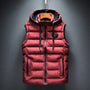 Rote Daunenweste mit Kapuze, Reißverschluss, Herrenmode, Winterbekleidung, warm, stilvoll