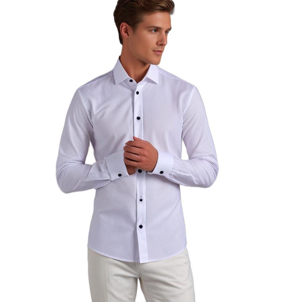 Mann in weißem Hemd mit schwarzen Knöpfen, elegantes Herrenhemd, Businessmode.
