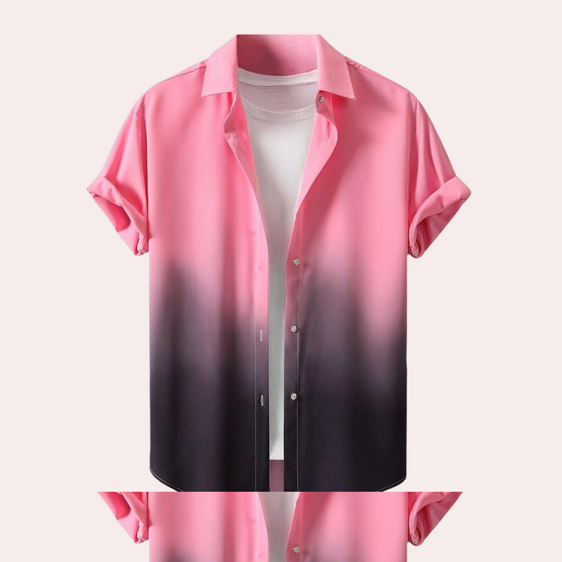 Rosa-weißes Ombre-Hemd, kurzärmelig, Knopfleiste, lässig, Herrenmode, Baumwolle.