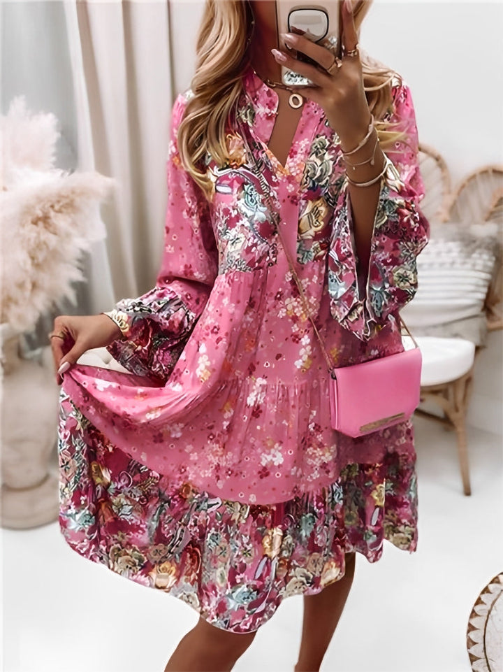 Blumenmuster Midi Kleid mit langen Ärmeln und Knopfleiste – Amelise