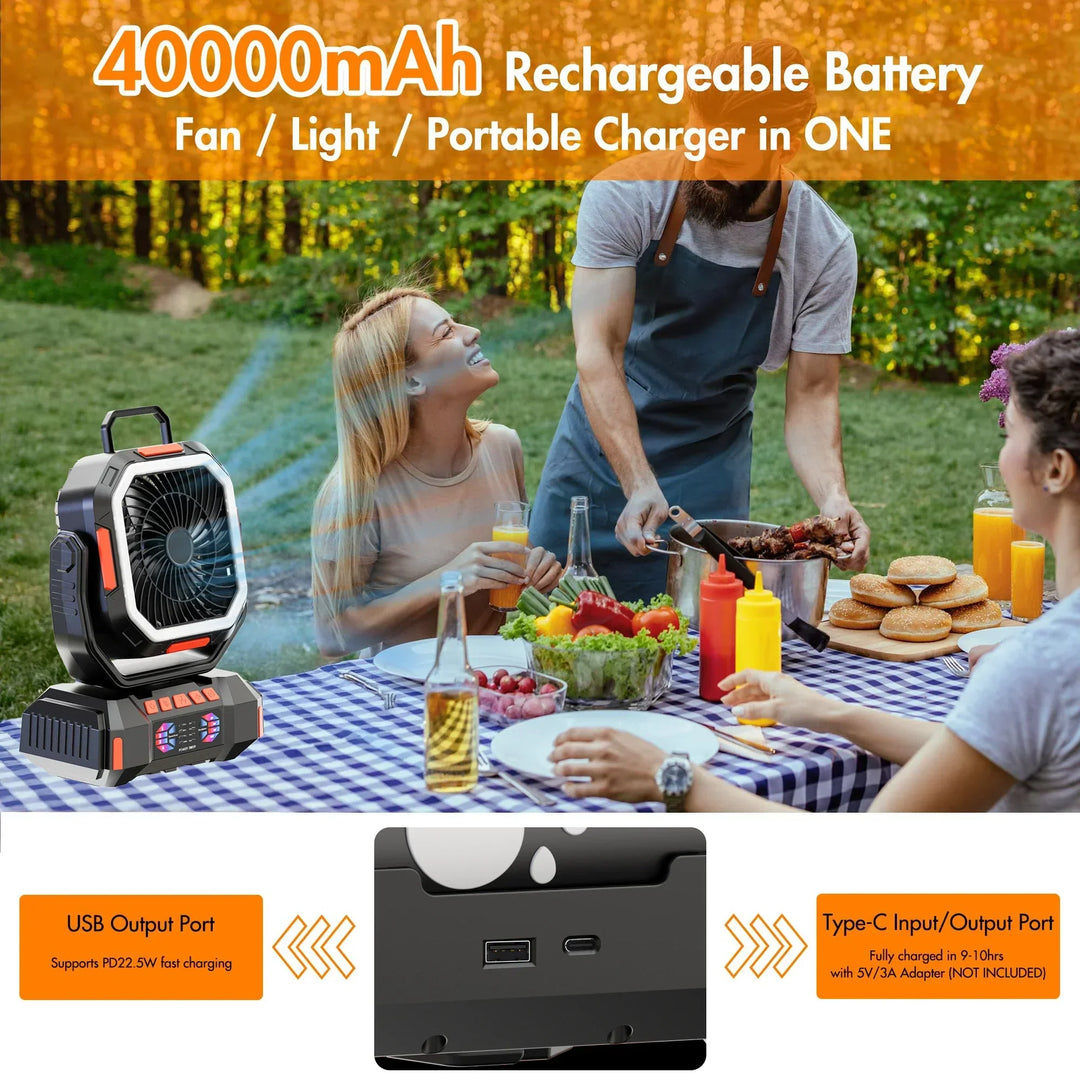 Wiederaufladbarer Campingventilator mit 40000mAh Batterie und LED-Lampe – F22