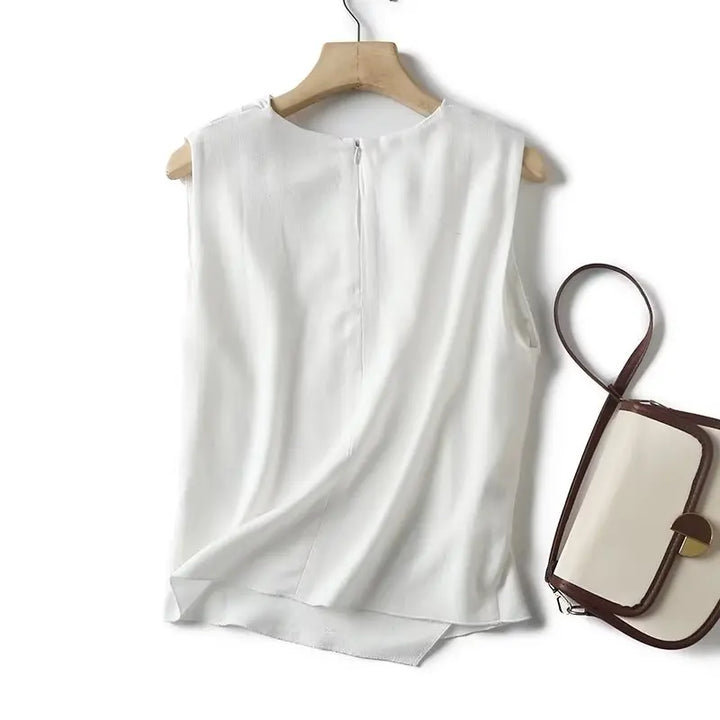 Weiße luftige & stylische ärmellose Leinenbluse für Damen – Amira