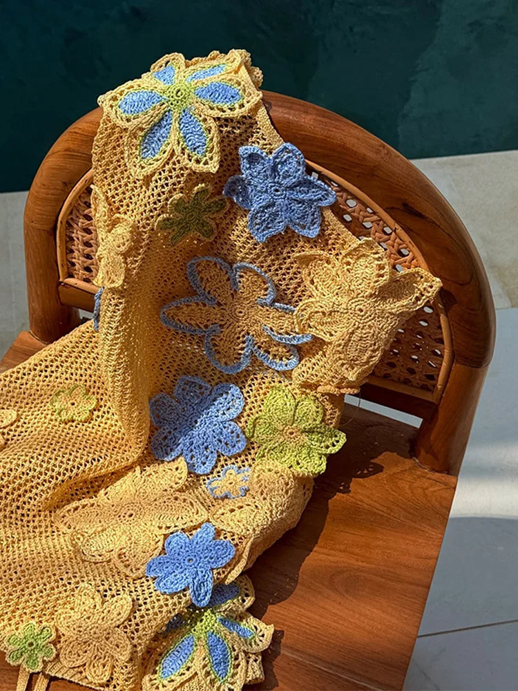 Gelbes gehäkeltes Sommer-Minikleid mit Blumenstickerei für Damen – Nari