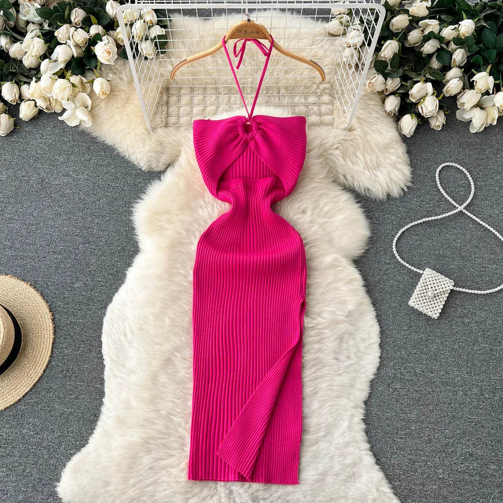 Trendy rückenfreies Maxi-Strickkleid mit Seitenschlitz für Damen (Einheitsgröße) – Liora