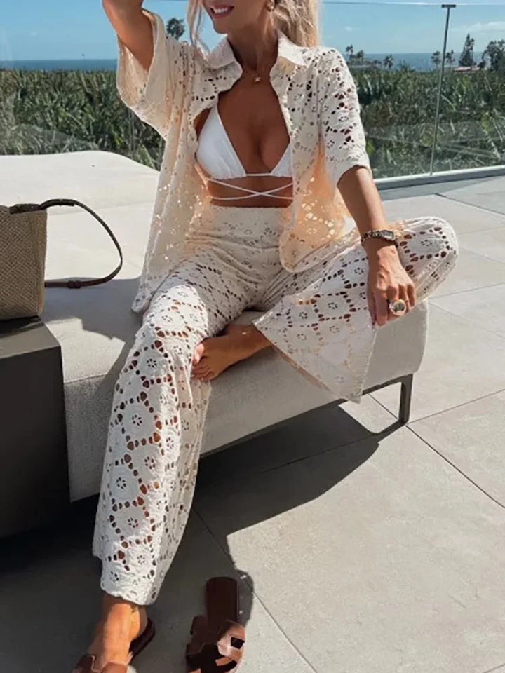Zweiteiliges Damen Spitzen-Outfit mit Weiten Hosen – Livia
