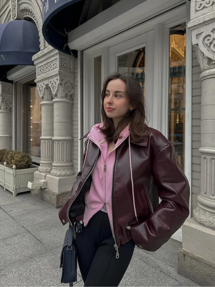 Braunes Leder Damenjacke mit Reverskragen – Giulia