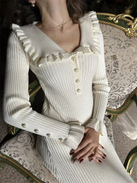Damen Strick-Maxikleid mit hoher Taille & Rüschen – Isolde