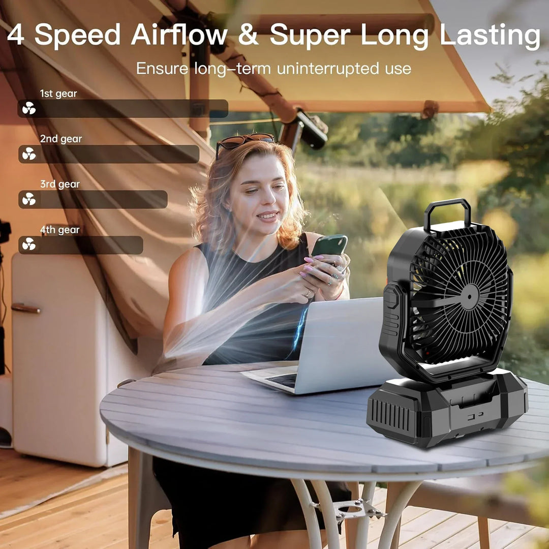 Wiederaufladbarer Campingventilator mit 40000mAh Batterie und LED-Lampe – F22