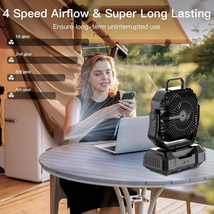 Wiederaufladbarer Campingventilator mit 40000mAh Batterie und LED-Lampe – F22