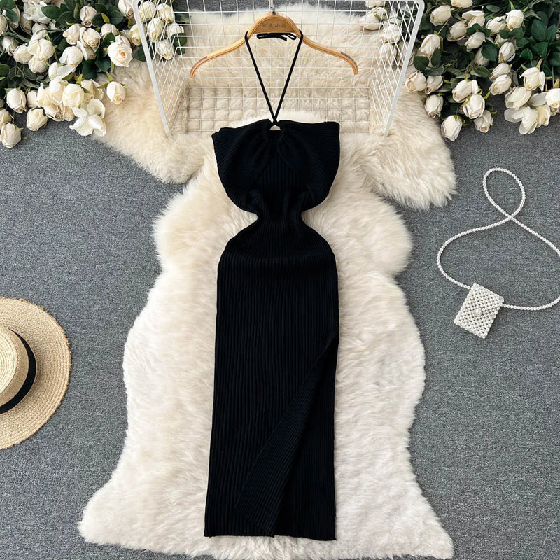 Trendy rückenfreies Maxi-Strickkleid mit Seitenschlitz für Damen (Einheitsgröße) – Liora