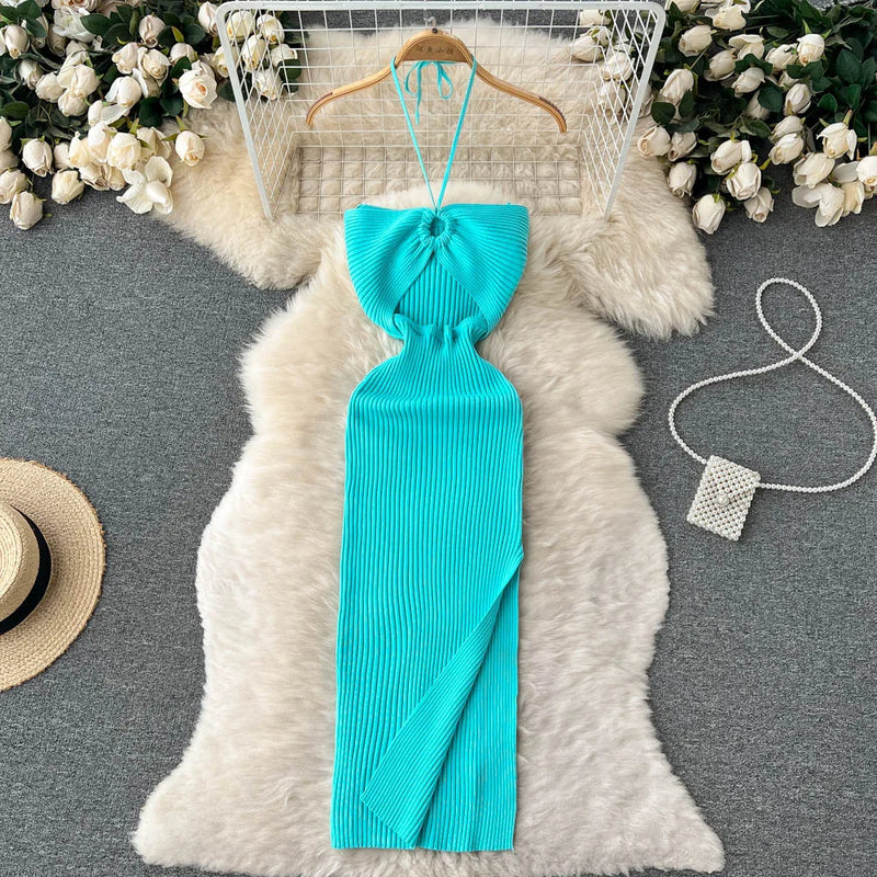 Trendy rückenfreies Maxi-Strickkleid mit Seitenschlitz für Damen (Einheitsgröße) – Liora