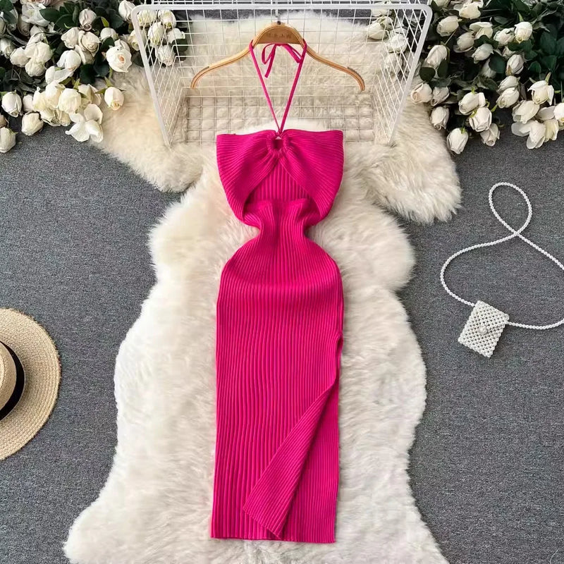 Trendy rückenfreies Maxi-Strickkleid mit Seitenschlitz für Damen (Einheitsgröße) – Liora
