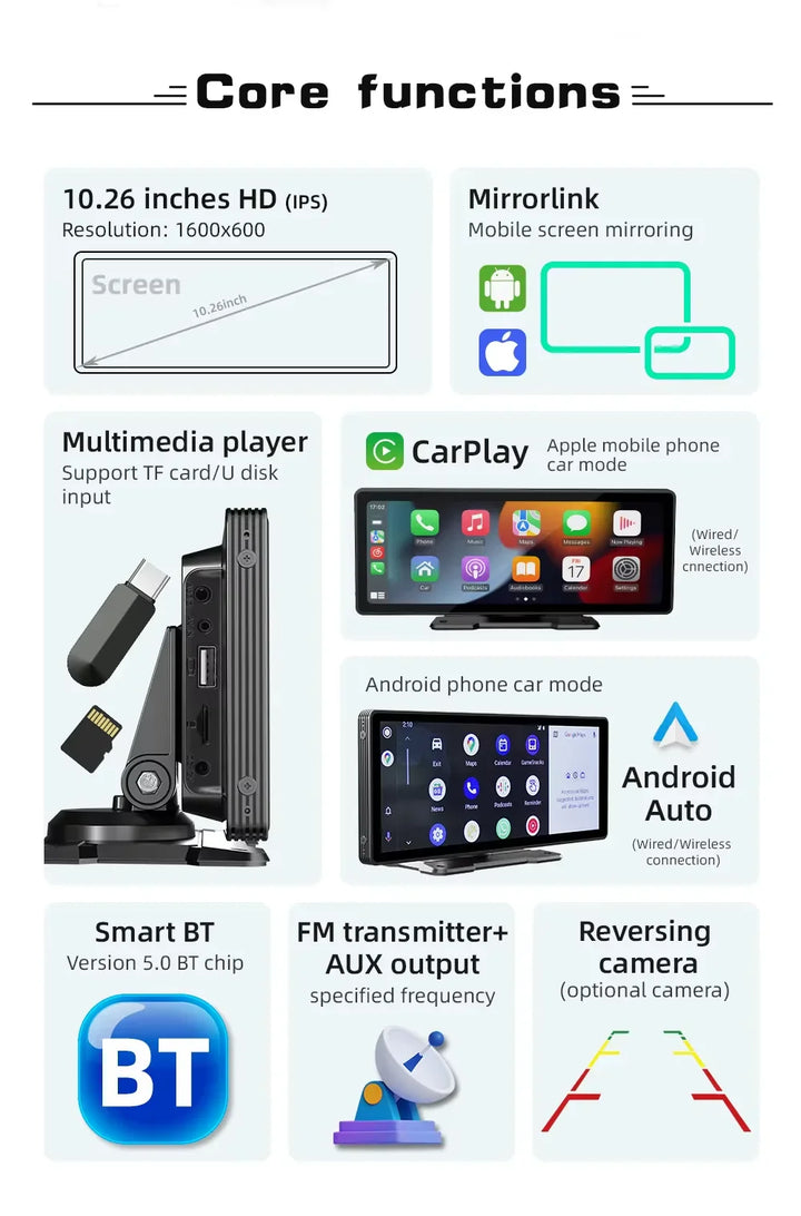Universeller 10,26-Zoll (26,06 cm) Auto-Multimedia-Player mit kabellosem CarPlay und Android Auto