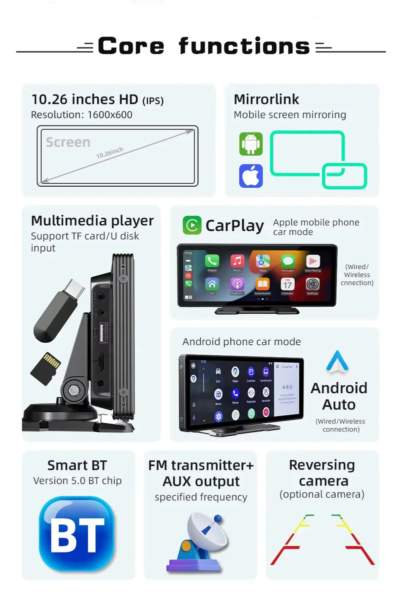 Universeller 10,26-Zoll (26,06 cm) Auto-Multimedia-Player mit kabellosem CarPlay und Android Auto