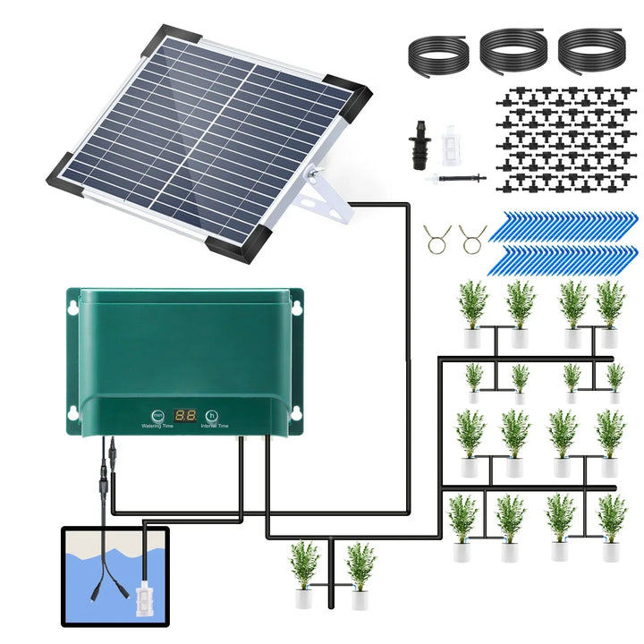 Solar-Tropfbewässerungssystem-Kit Automatisches Bewässern mit 30 Modi & 7 Timern – AquaFlow