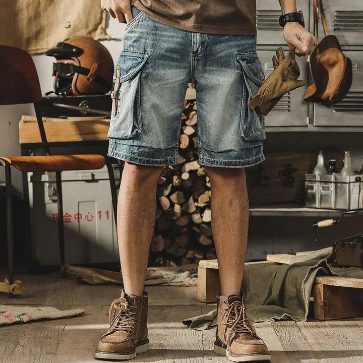 Herren Denim-Cargo-Bermuda im Retro Motorrad-Stil – Ronex