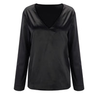 Satin-damebluse med dyb V-udskæring & lange ærmer – Daria