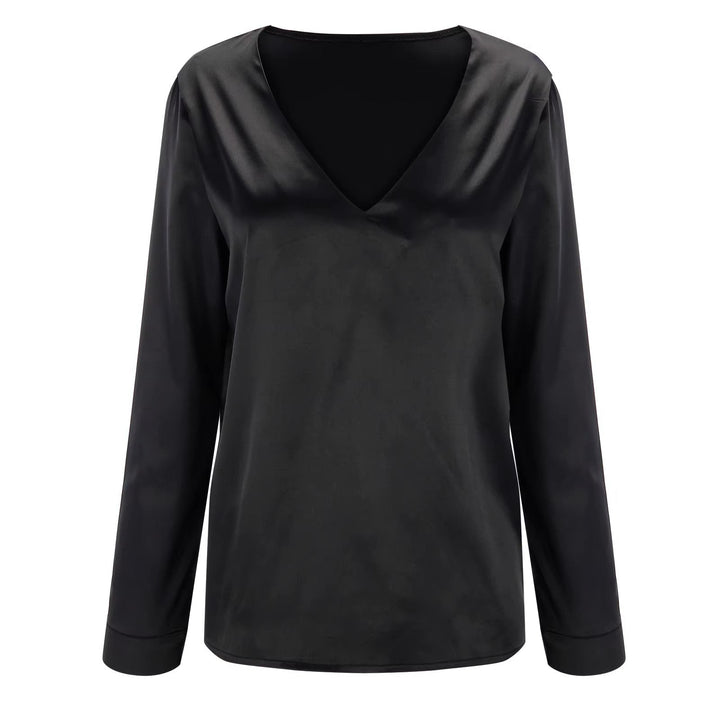 Satin-damebluse med dyb V-udskæring & lange ærmer – Daria