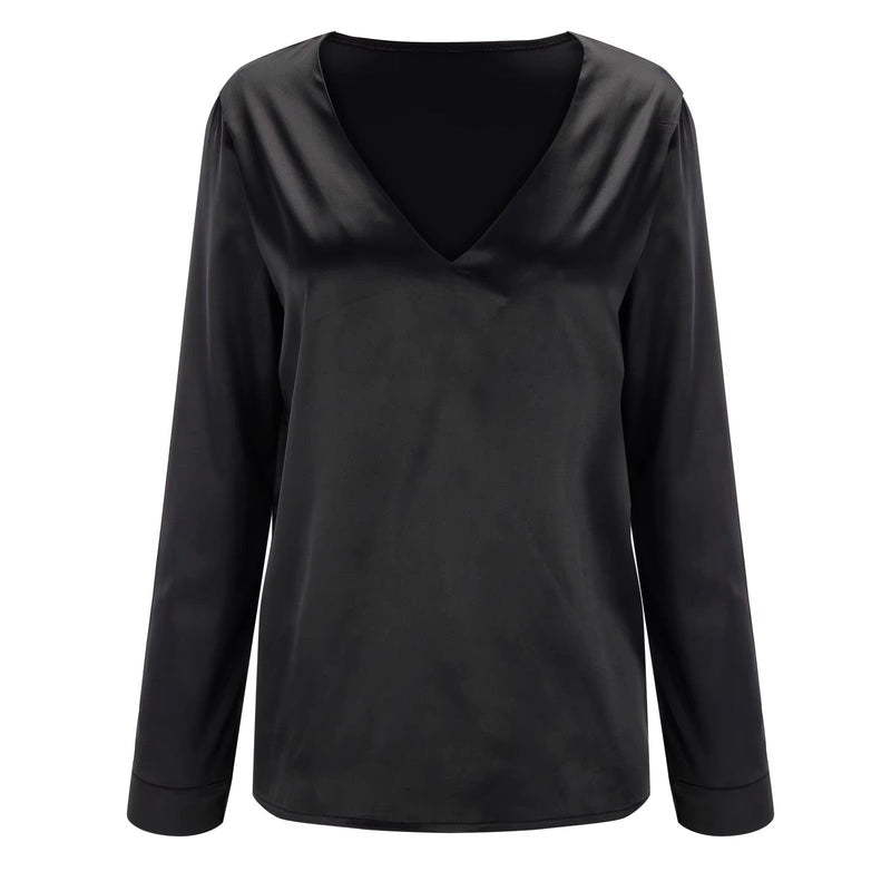 Satin-damebluse med dyb V-udskæring & lange ærmer – Daria