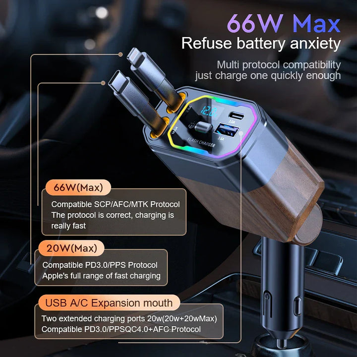 120W 4-in-1 Erweiterbares Autoladegerät mit USB-C- und Zigarettenanzünderadapter – Vega