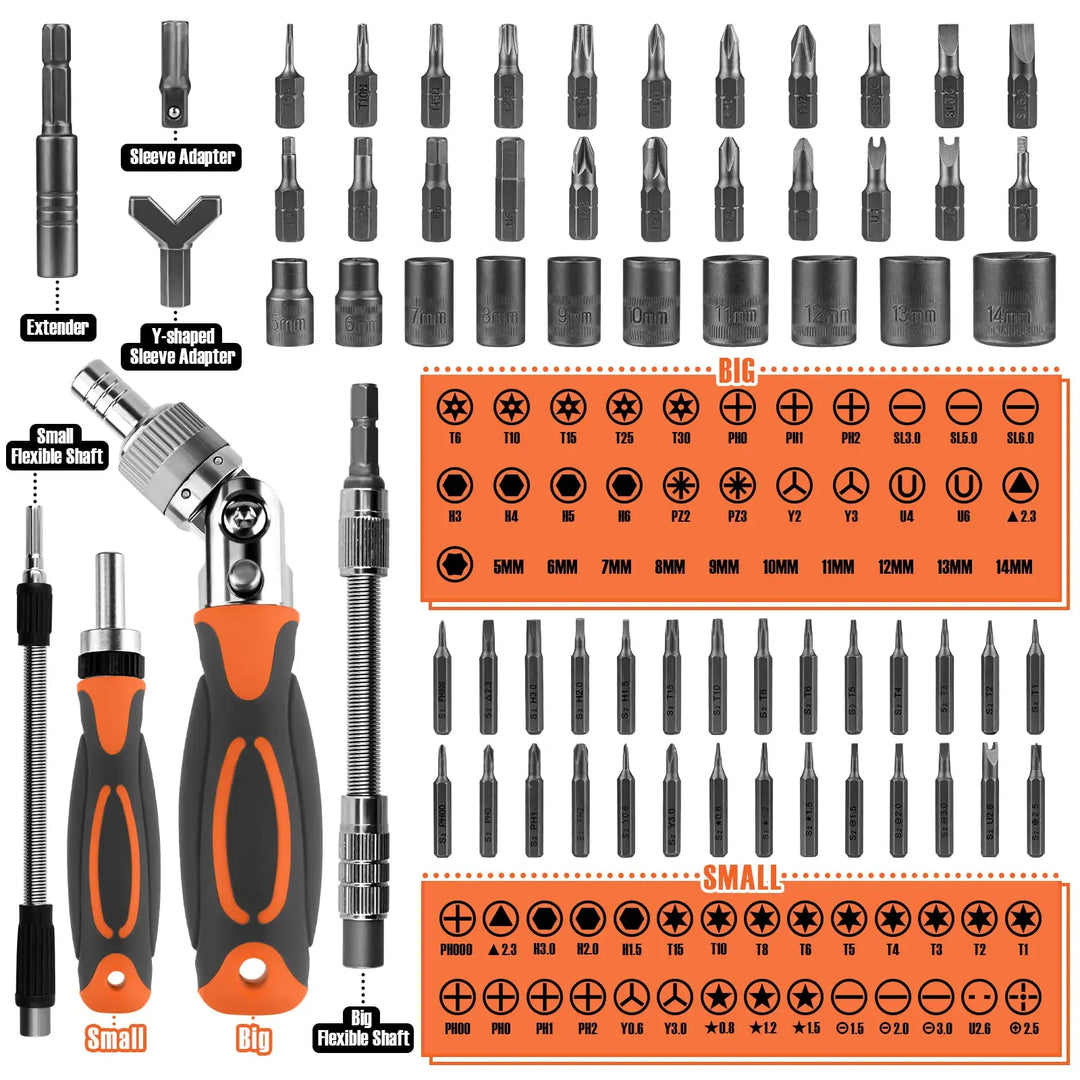68-in-1 Ratschraubendreher Set mit Magnetbits & Verlängerungsstange – FortiDrive