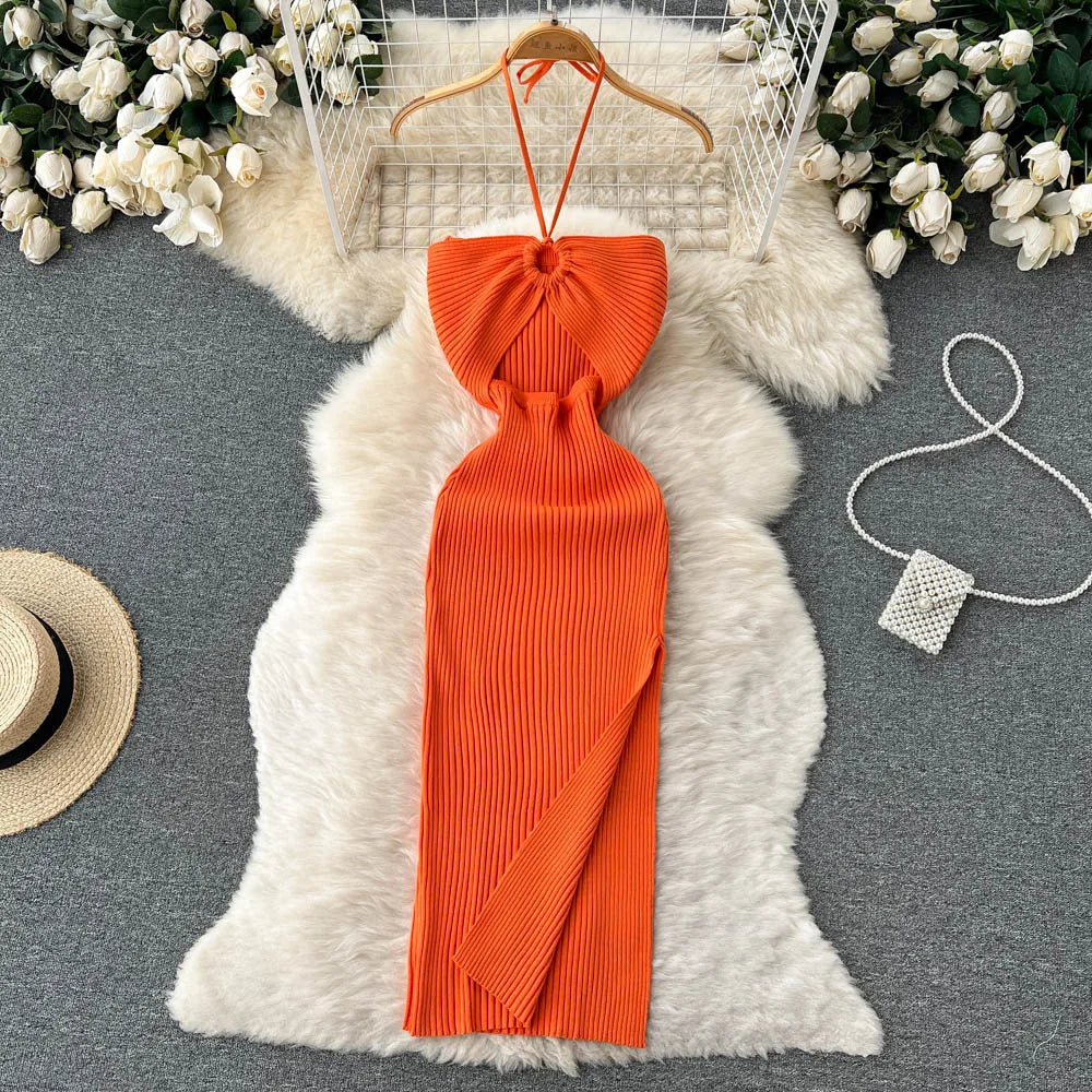 Trendy rückenfreies Maxi-Strickkleid mit Seitenschlitz für Damen (Einheitsgröße) – Liora