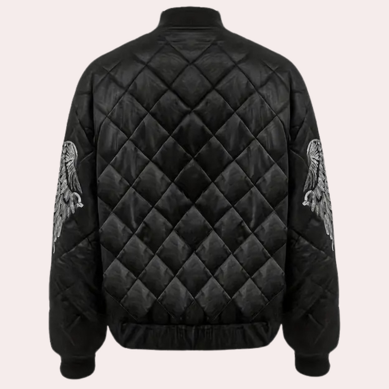 Schwarze gesteppte Bomberjacke mit Adlerstickerei, Herrenmode, Winterjacke, stilvoll und warm.