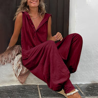 Sleeveless Hooded Jumpsuit With Button Placket - Rosemarie