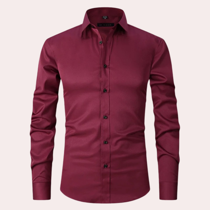 Bordeauxrotes Herrenhemd, Stretch, langärmelig, Knopfleiste, elegantes Design.