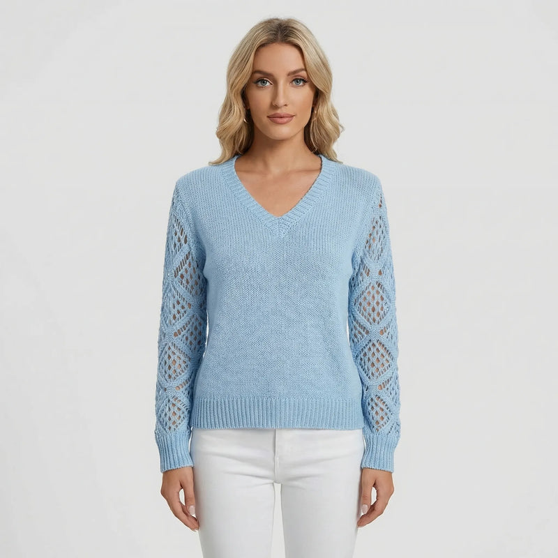 V-Neck Knitted Jumper With Open-Weave Sleeves - Audrey