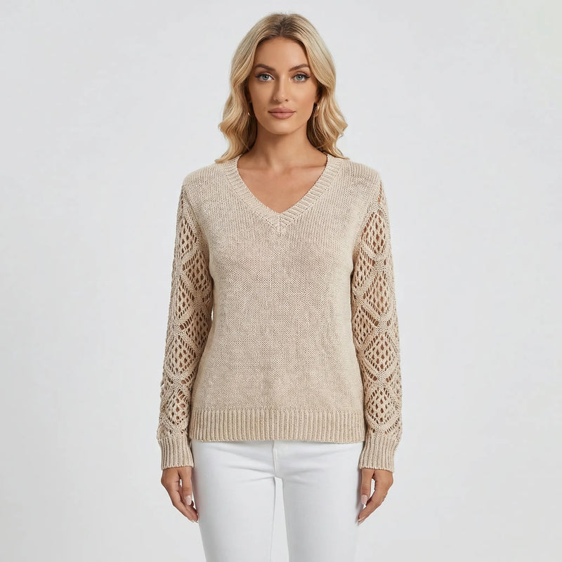 V-Neck Knitted Jumper With Open-Weave Sleeves - Audrey