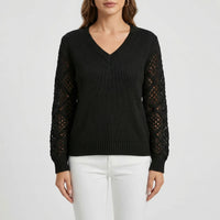 V-Neck Knitted Jumper With Open-Weave Sleeves - Audrey