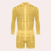 Gelbes Häkel-Set, langärmeliges Hemd und Shorts, modisch, Sommerkleidung, Unisex.