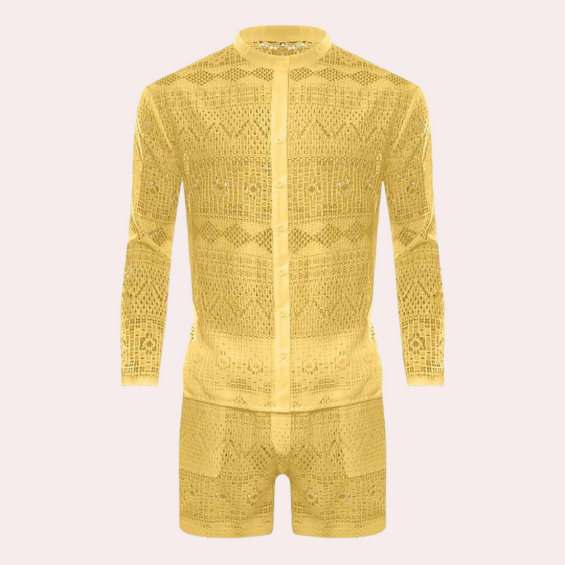 Gelbes Häkel-Set, langärmeliges Hemd und Shorts, modisch, Sommerkleidung, Unisex.
