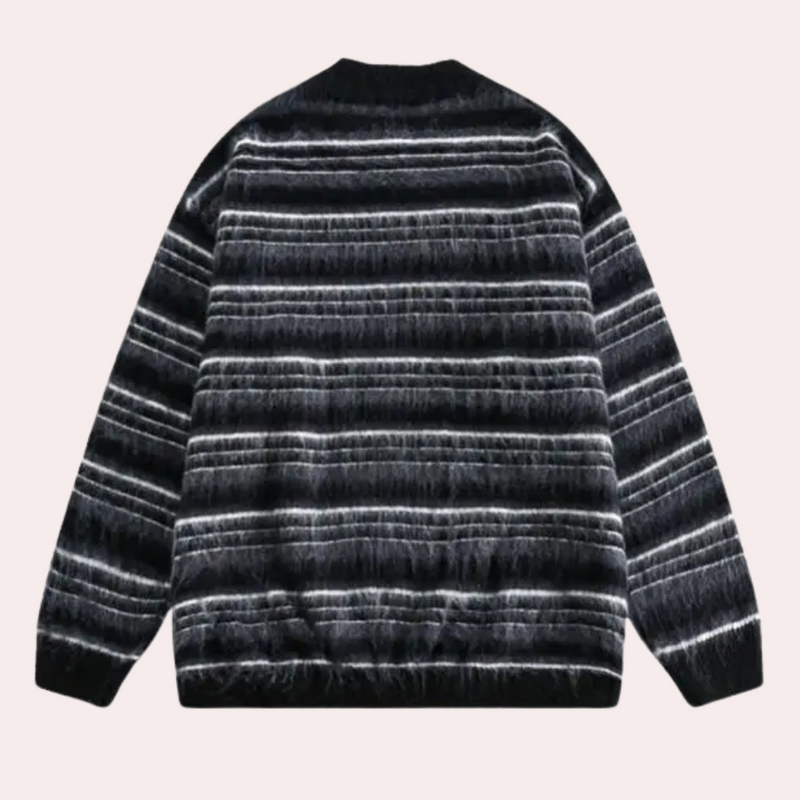 Schwarzer gestreifter Pullover, Herrenmode, Strick, warm, elegant, Winterkleidung, modern.