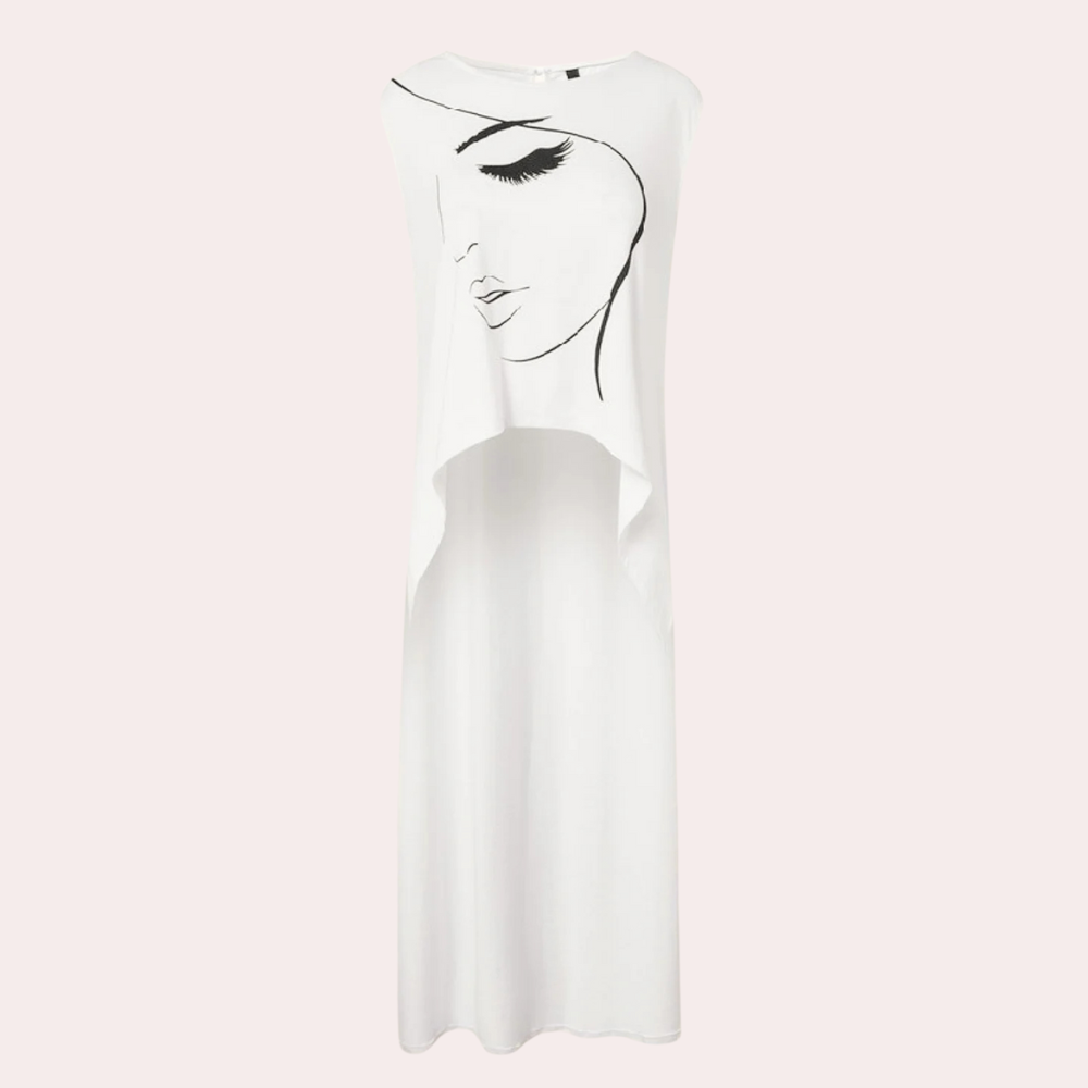 Weißes ärmelloses Kleid mit Gesichtsgrafik, Damenmode, Baumwolle, Sommerkleidung.