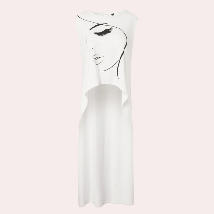 Weißes ärmelloses Kleid mit Gesichtsgrafik, Damenmode, Baumwolle, Sommerkleidung.