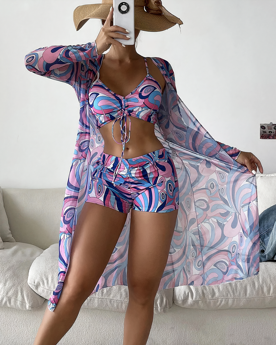 Dreiteiliger Bikini-Set mit Hohem Bund und Cover-Up – Marisse