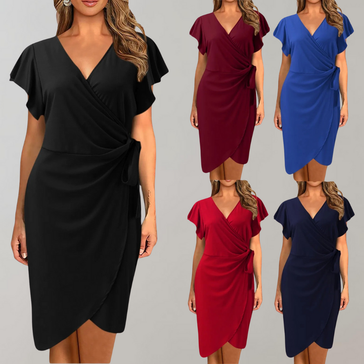 Damen Sommerkleid, Wickeloptik, kurzärmelig, in Schwarz, Rot, Blau, knielang, elegant.
