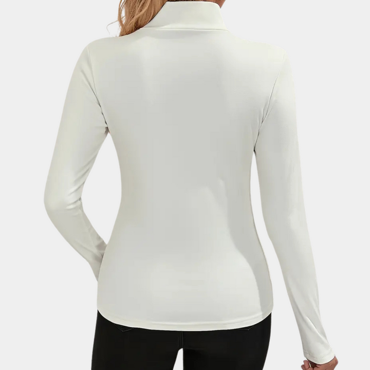 Damen Langarmshirt weiß, Rückansicht, elegantes Design, Baumwolle, Freizeitmode.