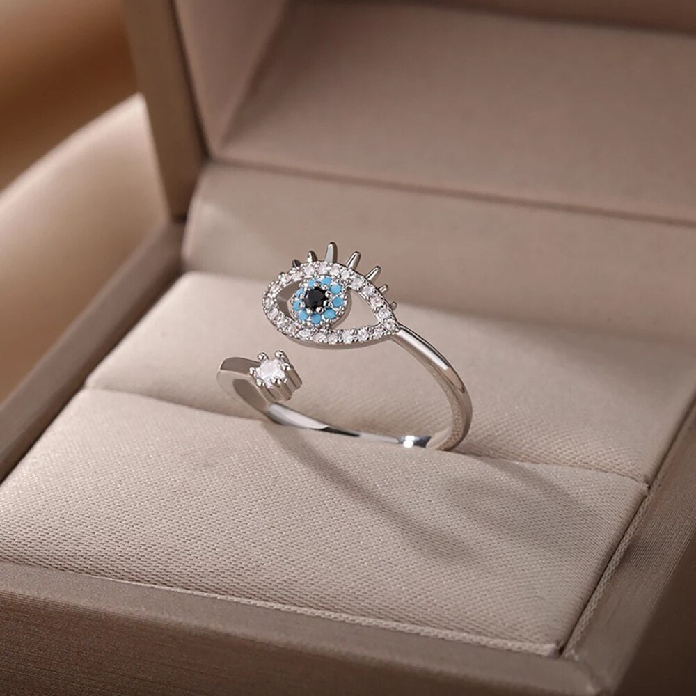 Adjustable Evil Eye Ring | Protective Statement Jewellery-Silver-Nora Luxe