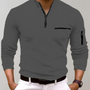 Graues Herren-Poloshirt mit Reißverschluss, Langarm, Baumwolle, modisch, elegant.