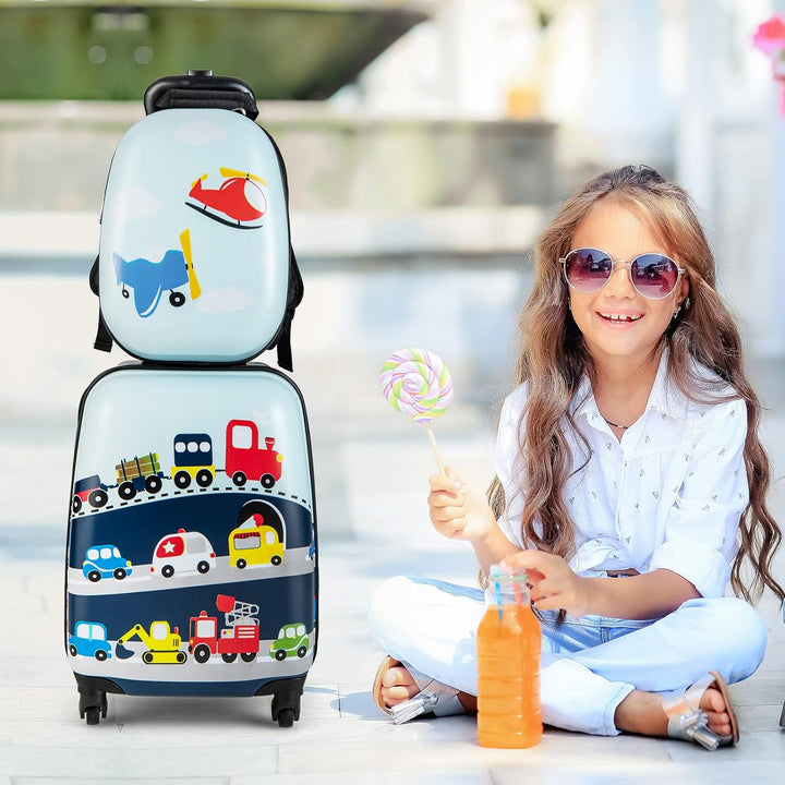 Kinder 2-teiliges Hartschalen-Gepäckset und Rucksack mit 360°-Rädern – Hubschrauber