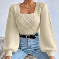 Damen Pullover beige, Strick, Zopfmuster, quadratischer Ausschnitt, lange Ärmel, modisch.